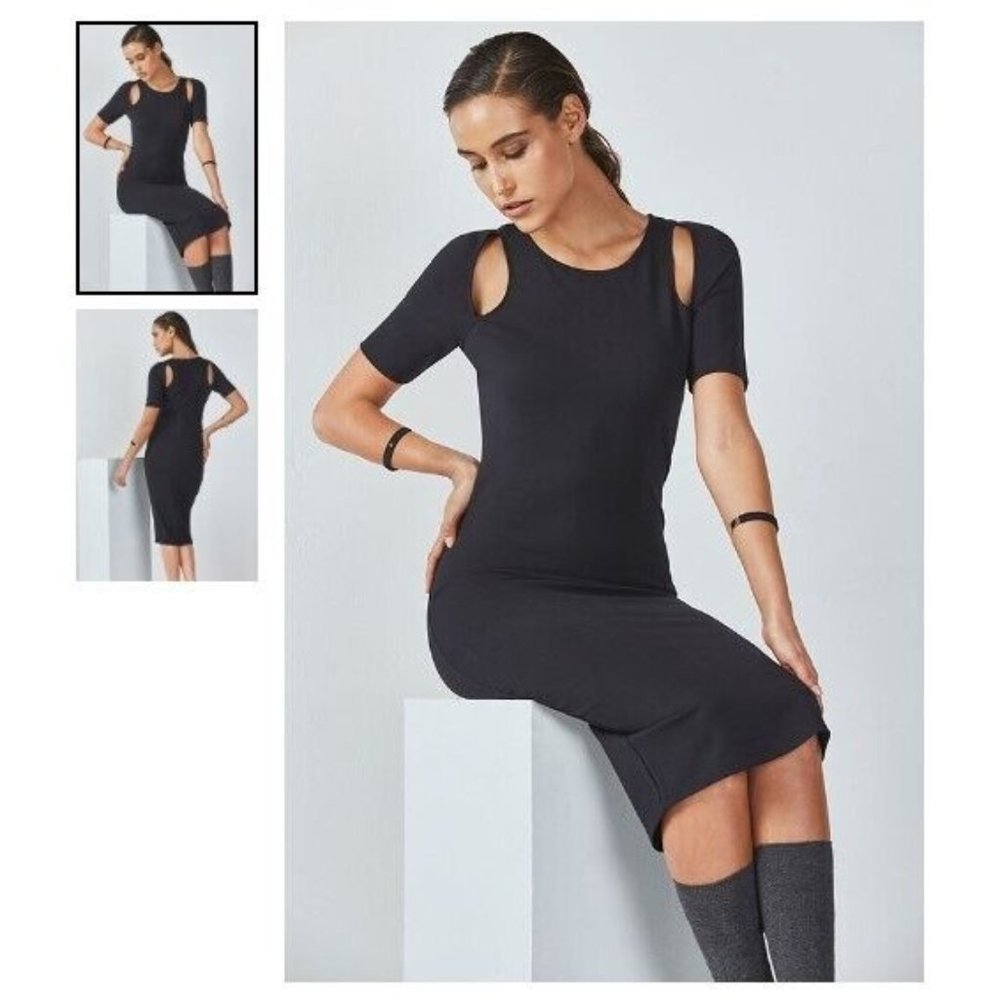 NEW Fabletics Eva Midi Dress Black Cutout Womens Size Large Short Sleeve